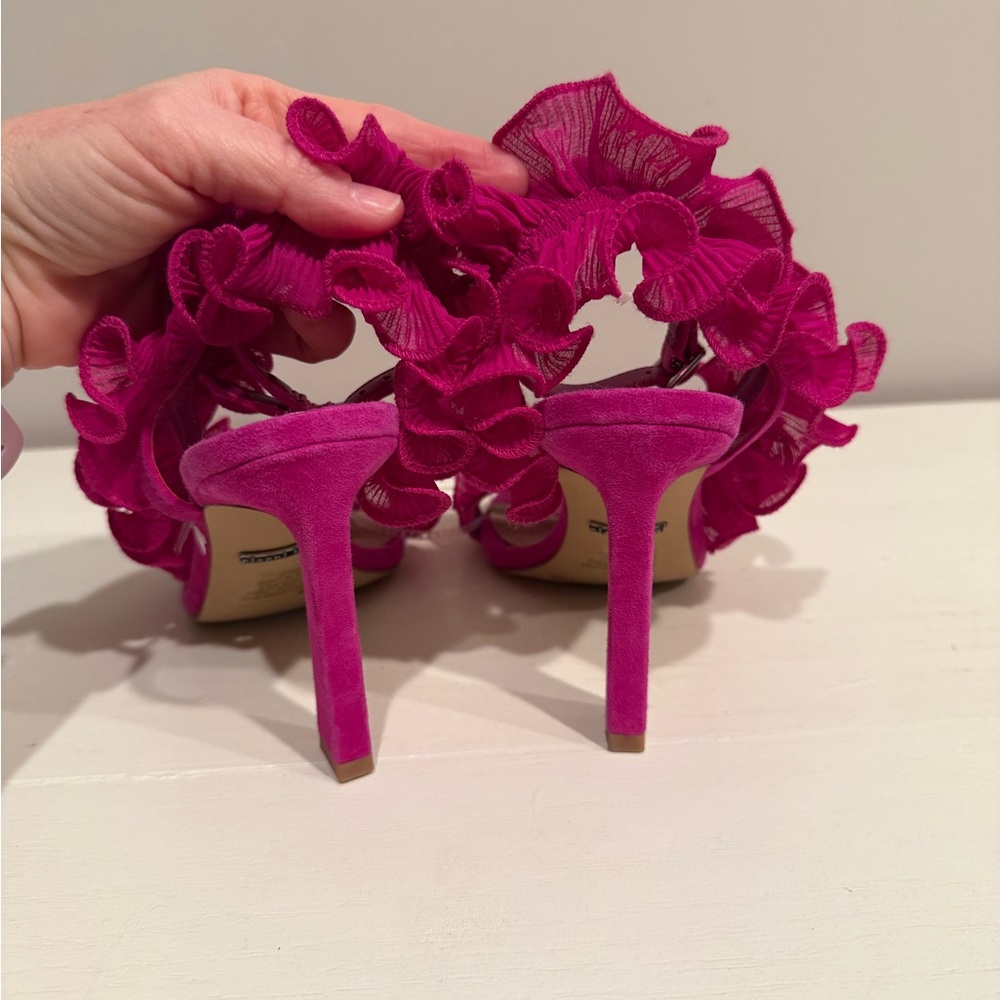 Gianni Bini Women's Franz Suede Chiffon Pink Ruffle Heel Sandals - Picture 7 of 8